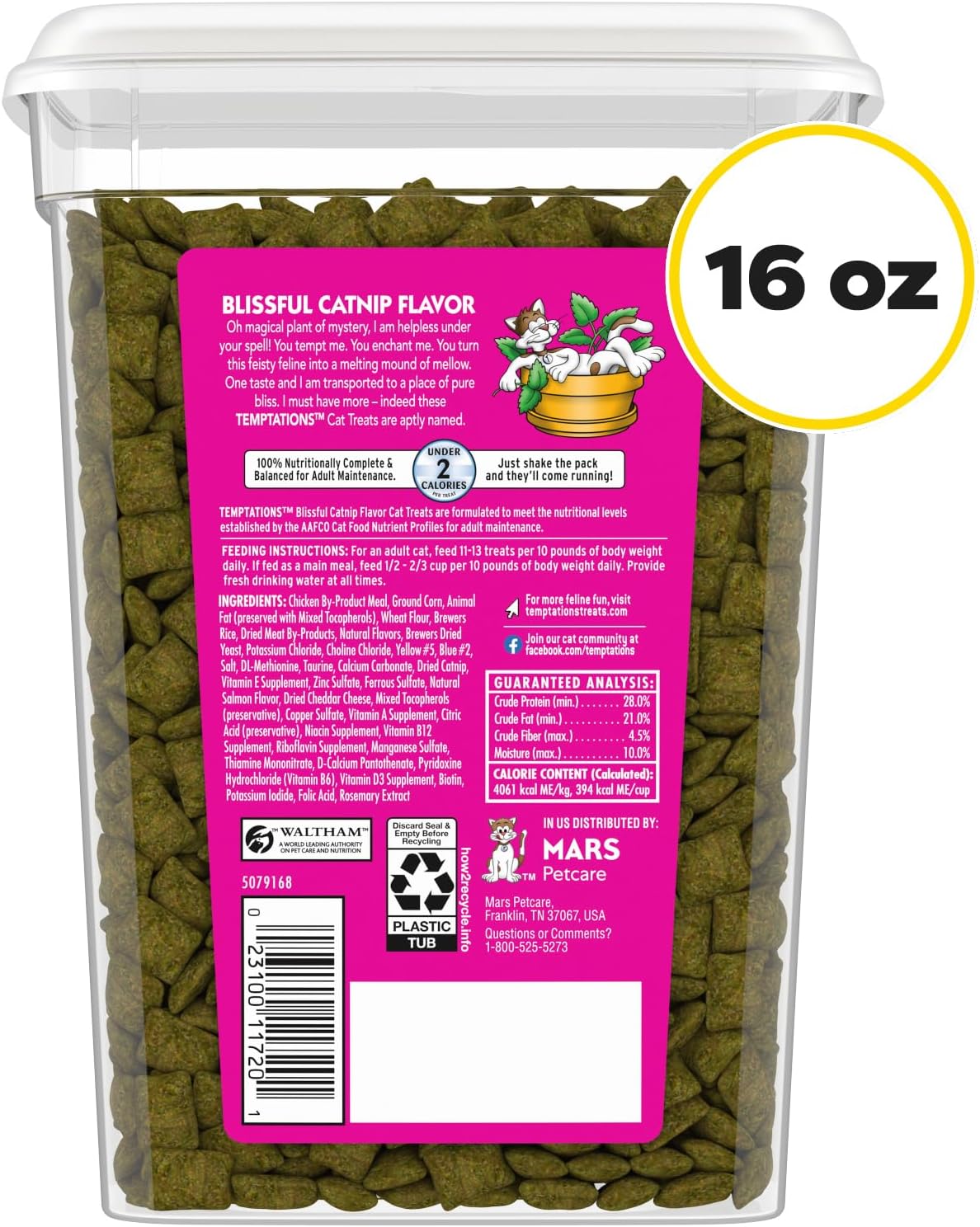 Temptations Classic Crunchy and Soft Cat Treats Blissful Catnip Flavor, 16 oz. Tub