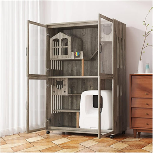 Cat Villa Cat Cage Ecological Cat Villa Oversized Cat Cage Wooden Cat House Cat Litter Closed Wipeable Cat House (Color : Gray)