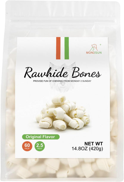 MON2SUN Dog Rawhide Knot Bones Mini Bones Rawhide Chews Natural 2.5 Inch 60 Count for Puppy and Small Dogs