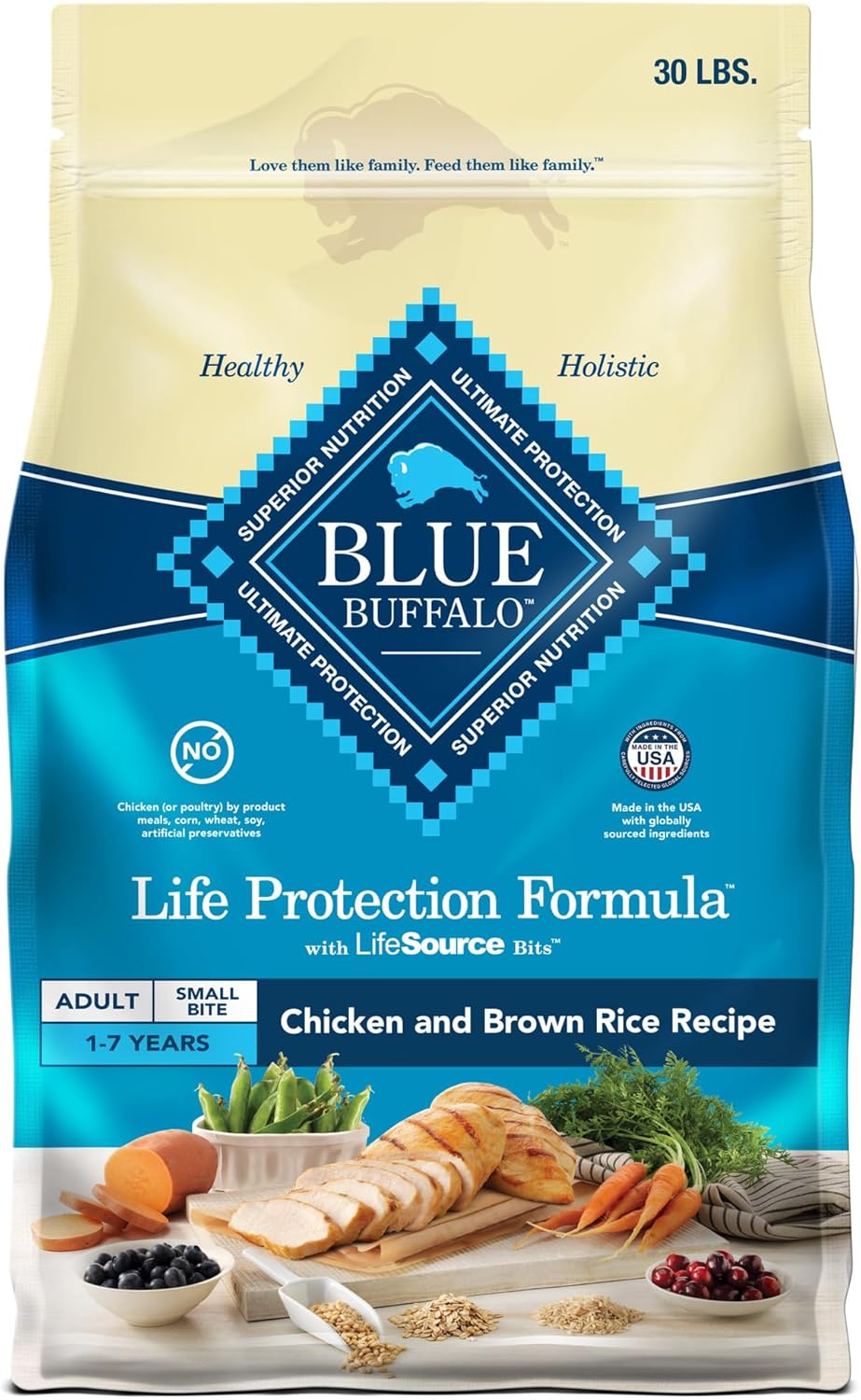 Blue Buffalo Life Protection Formula Adult Small Bite Dry Dog Food, Helps Build and Maintain Strong Muscles, Made with Natural Ingredients, Chicken & Brown Rice Recipe, 30-lb. Bag