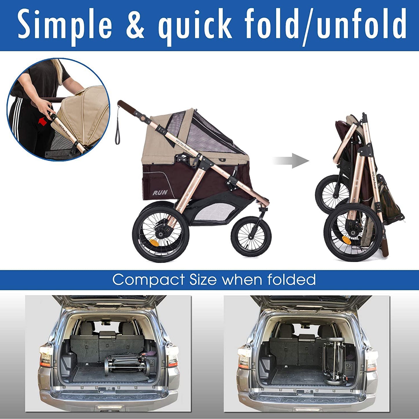 Run Performance Jogging Sports Stroller with Comfort Rubber Wheels/Zipper-Less Entry/1-Hand Quick Fold/Aluminum Frame for Small/Medium Dogs, Cats and Pets (Taupe)