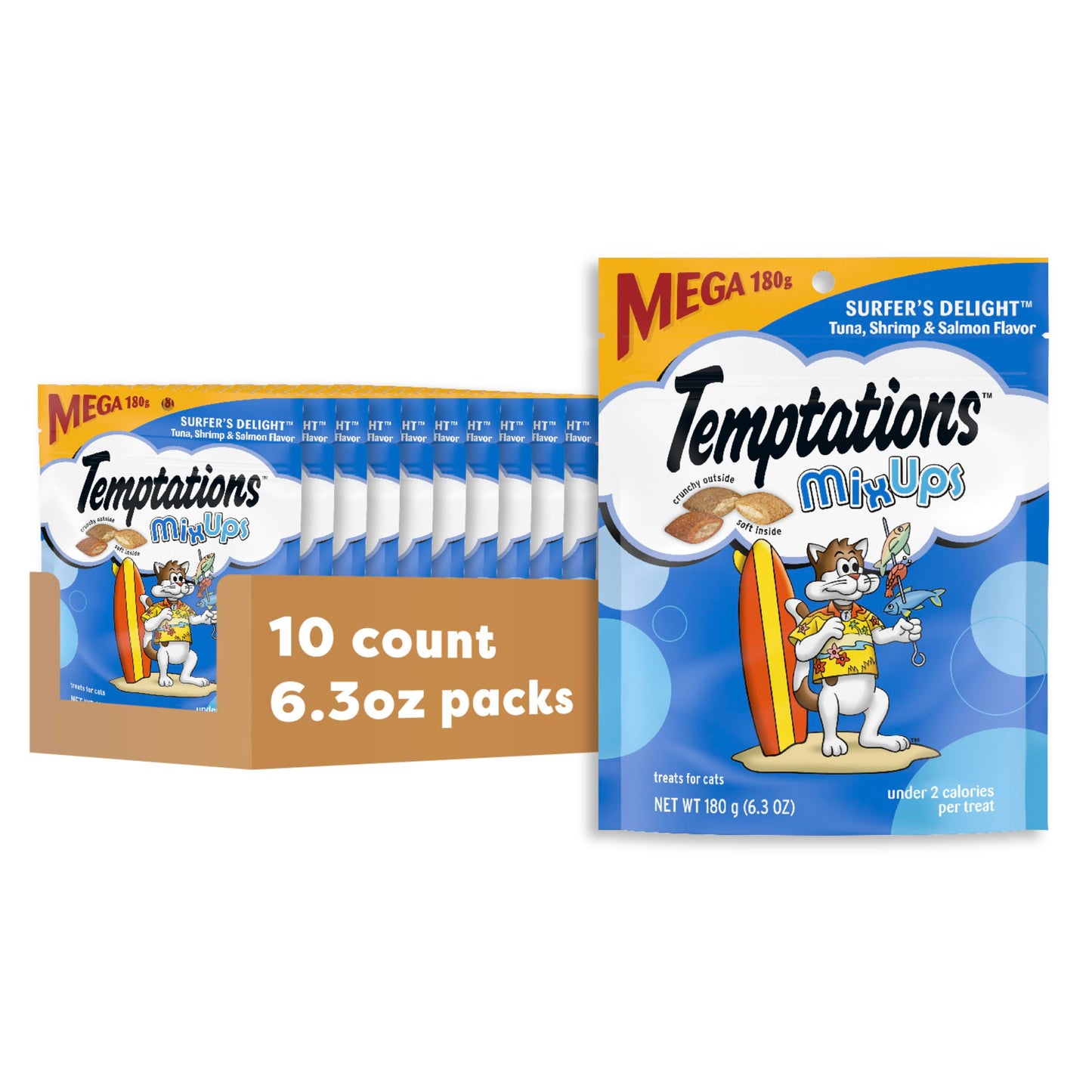 TEMPTATIONS MIXUPS Crunchy and Soft Cat Treats SURFERS' DELIGHT Flavor, (12) 3 oz. Pouches