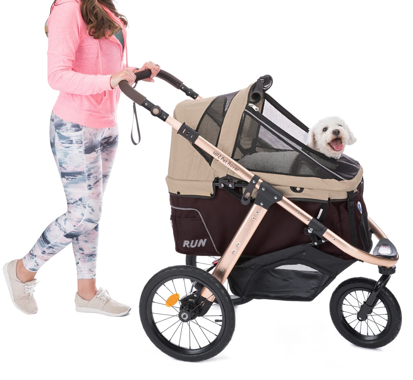 Run Performance Jogging Sports Stroller with Comfort Rubber Wheels/Zipper-Less Entry/1-Hand Quick Fold/Aluminum Frame for Small/Medium Dogs, Cats and Pets (Taupe)