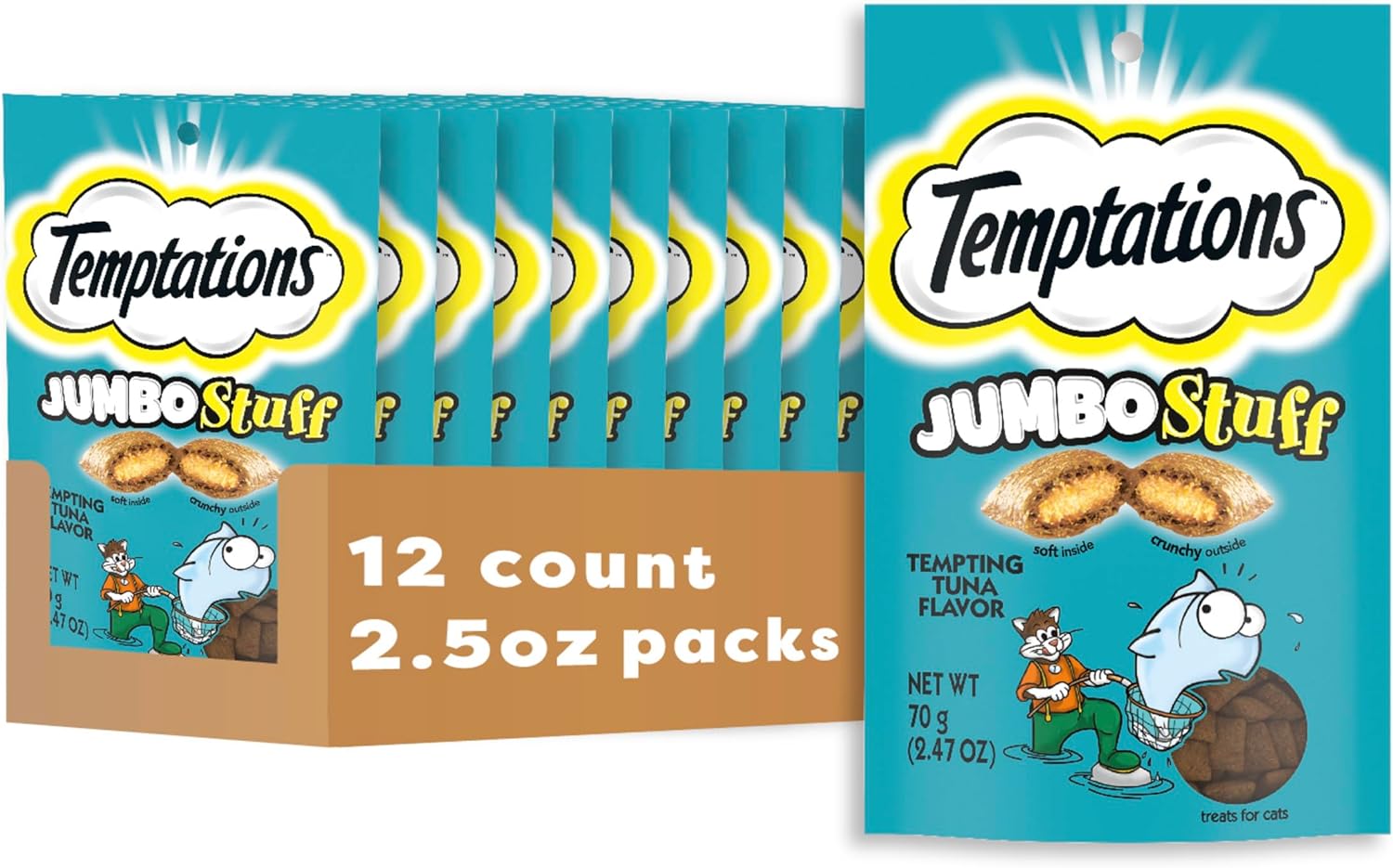 Temptations Jumbo Stuff Crunchy and Soft Cat Treats Tempting Tuna Flavor, 2.47 oz. Pouch (Pack of 12)