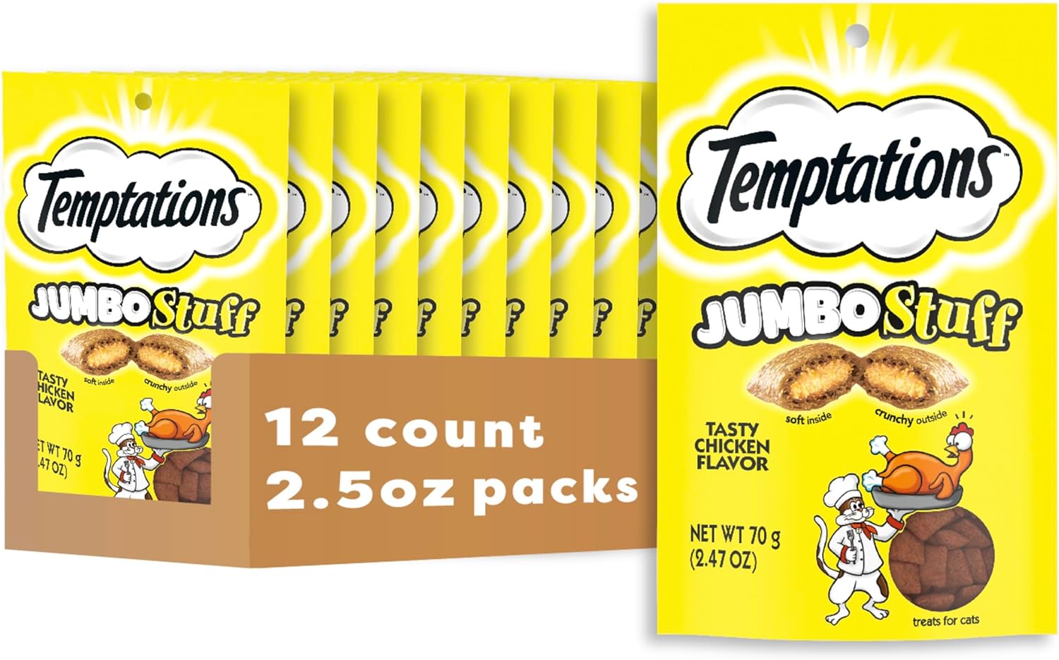 Temptations Jumbo Stuff Crunchy and Soft Cat Treats Tasty Chicken Flavor, 2.5 oz. Pouch, Pack of 12