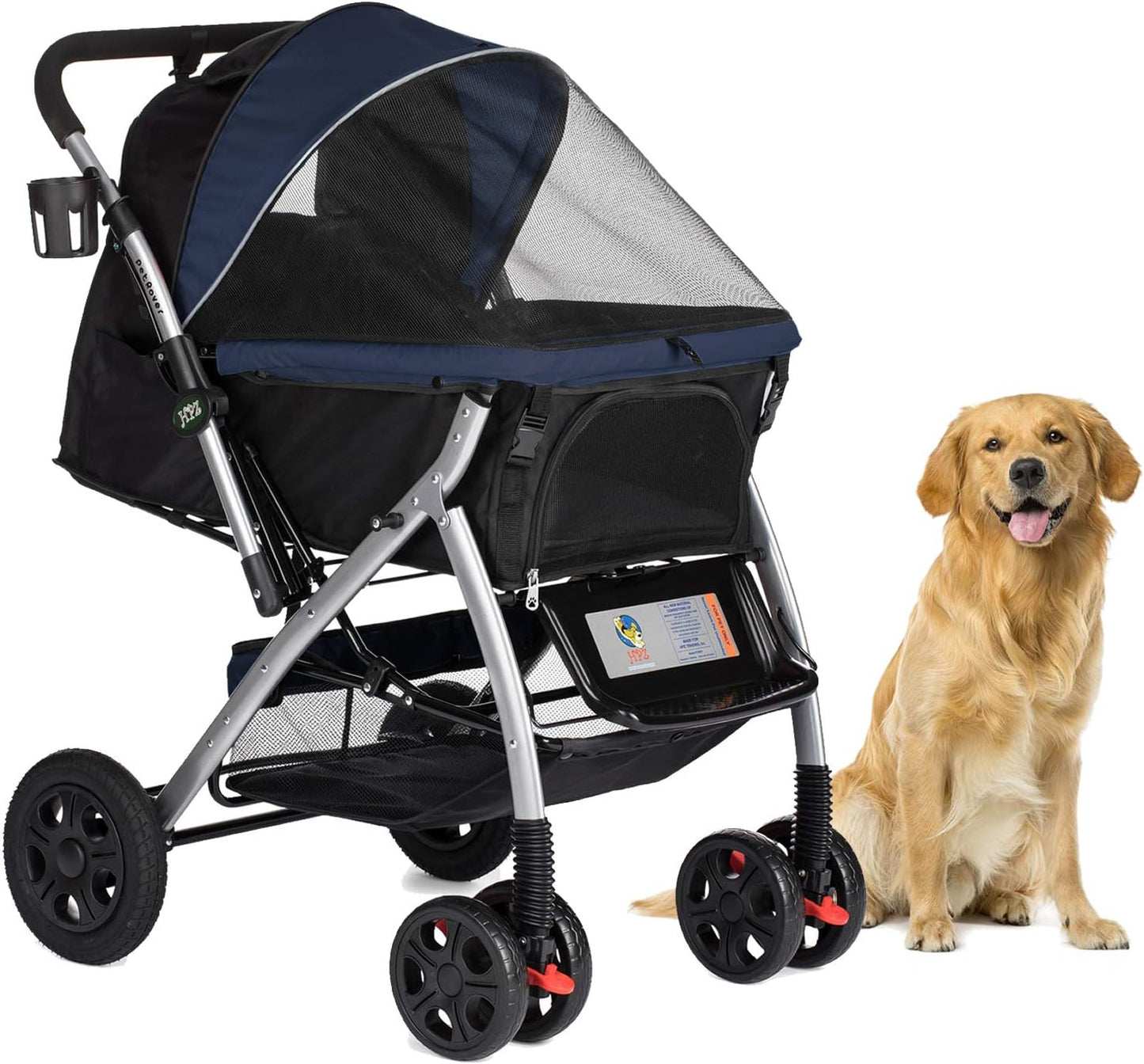 HPZ Pet Rover Premium Heavy Duty Dog/Cat/Pet Stroller Travel Carriage With Convertible Compartment/Zipperless Entry/Reversible Handle/Pump-Free Rubber Tires for Small, Medium, Large Pets-Midnight Blue