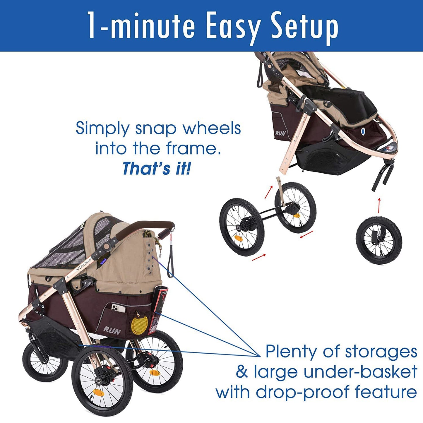 Run Performance Jogging Sports Stroller with Comfort Rubber Wheels/Zipper-Less Entry/1-Hand Quick Fold/Aluminum Frame for Small/Medium Dogs, Cats and Pets (Taupe)