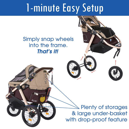 Run Performance Jogging Sports Stroller with Comfort Rubber Wheels/Zipper-Less Entry/1-Hand Quick Fold/Aluminum Frame for Small/Medium Dogs, Cats and Pets (Taupe)