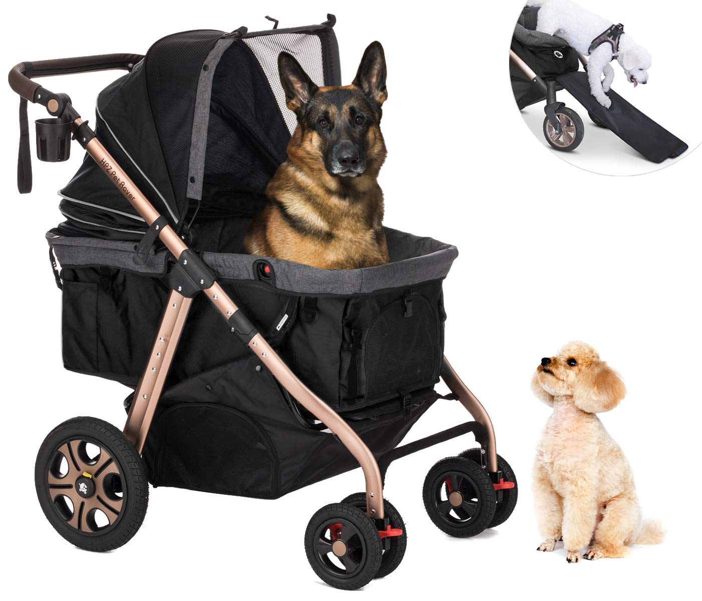 Titan-HD Premium Super-Sized Dog/Cat/Pet Stroller SUV Travel Carriage/w Access Ramp/100Lbs Capacity/Pumpless Rubber Wheels/Aluminum Frame for Small, Med, Large, XL Pets (Taupe)