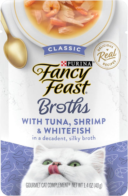 Purina Fancy Feast Limited Ingredient Wet Cat Food Complement, Broths With Tuna, Shrimp & Whitefish - (Pack of 16) 1.4 oz. Pouches