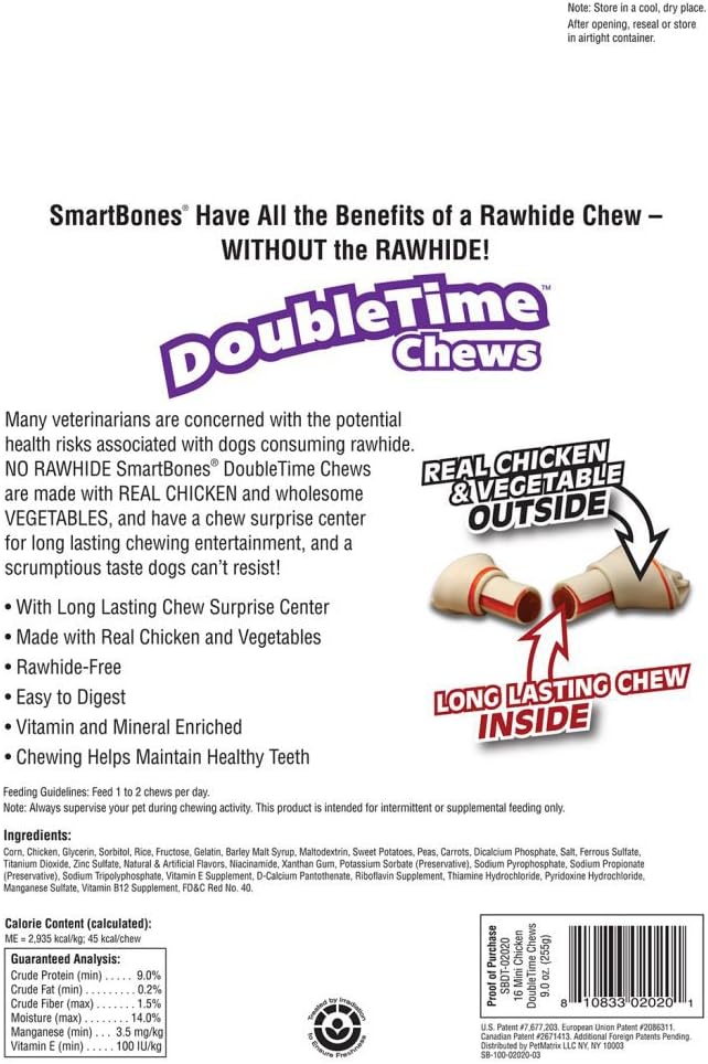 SmartBones DoubleTime Chews 16 Count, Mini, Rawhide-Free Chews For Dogs With Long-Lasting Chew Center