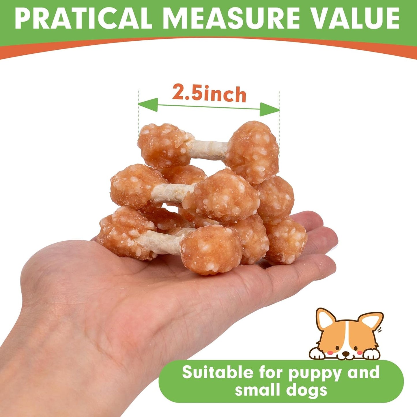 MON2SUN Dog Treats, 16oz Mini Rawhide Chews, Chicken Dumbbells with Rice for Small Dogs & Toy Breed, Crunchy and Healthy (2.5 Inch 30 Count)