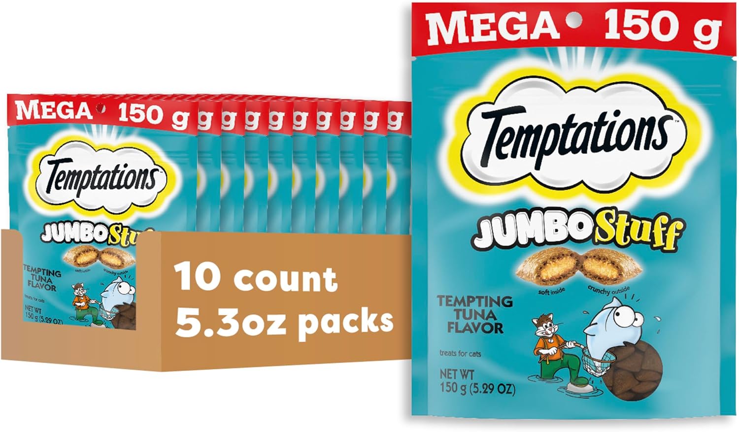 Temptations Jumbo Stuff Crunchy and Soft Cat Treats Tempting Tuna Flavor, (10) 5.3 oz. Pouches