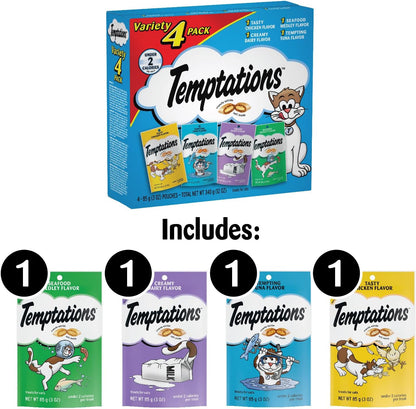 Temptations Classic Crunchy and Soft Cat Treats Feline Favorites Variety Pack, 3 oz., Pack of 4