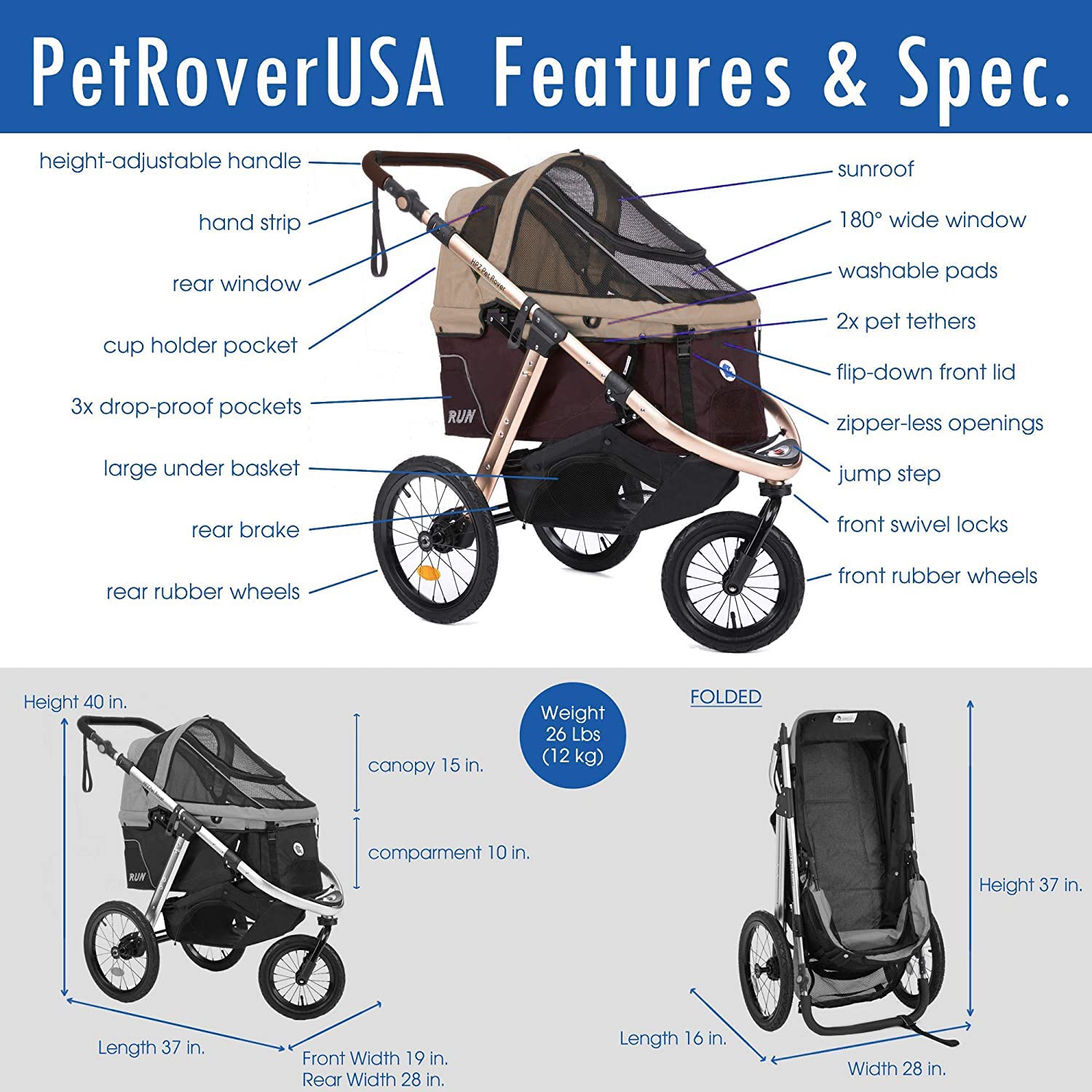 Run Performance Jogging Sports Stroller with Comfort Rubber Wheels/Zipper-Less Entry/1-Hand Quick Fold/Aluminum Frame for Small/Medium Dogs, Cats and Pets (Taupe)