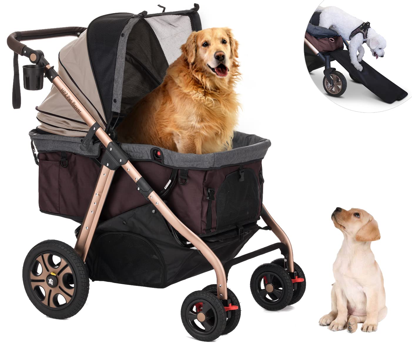 Titan-HD Premium Super-Sized Dog/Cat/Pet Stroller SUV Travel Carriage/w Access Ramp/100Lbs Capacity/Pumpless Rubber Wheels/Aluminum Frame for Small, Med, Large, XL Pets (Taupe)