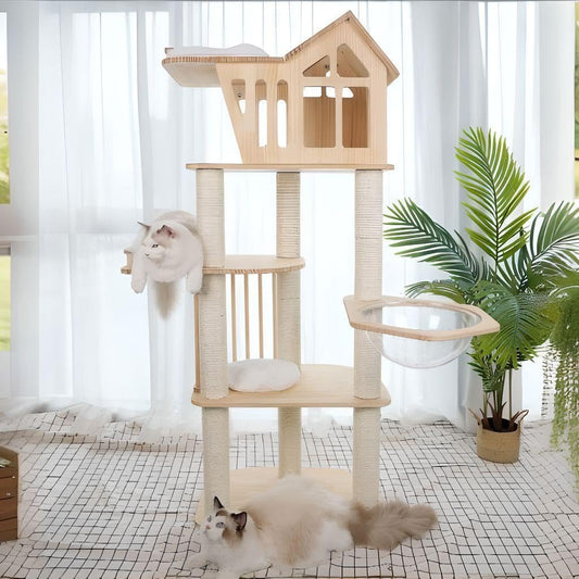 Deluxe Wooden cat Tree House – 4-Tier Climbing Tower & Scratch Posts for Large Cats