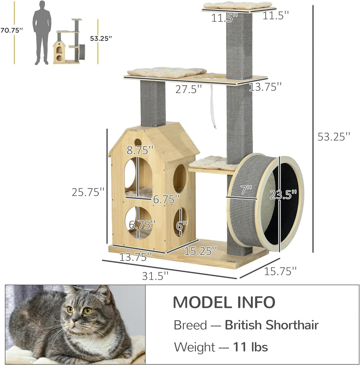 Deluxe Double-Layer cat condo & Climbing Tree with Scratching Posts and Exercise Wheel