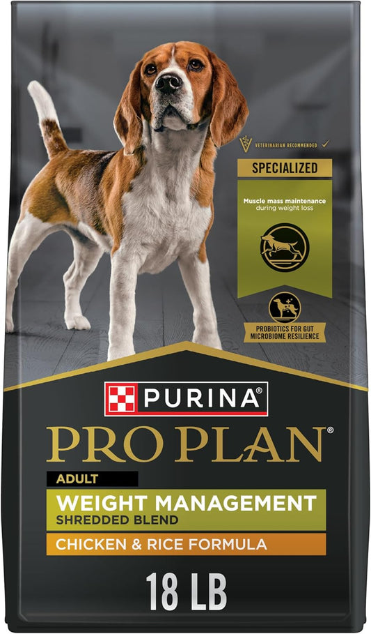 Purina Pro Plan Weight Management Dry Dog Food, Shredded Blend Chicken and Rice Formula - 18 lb. Bag