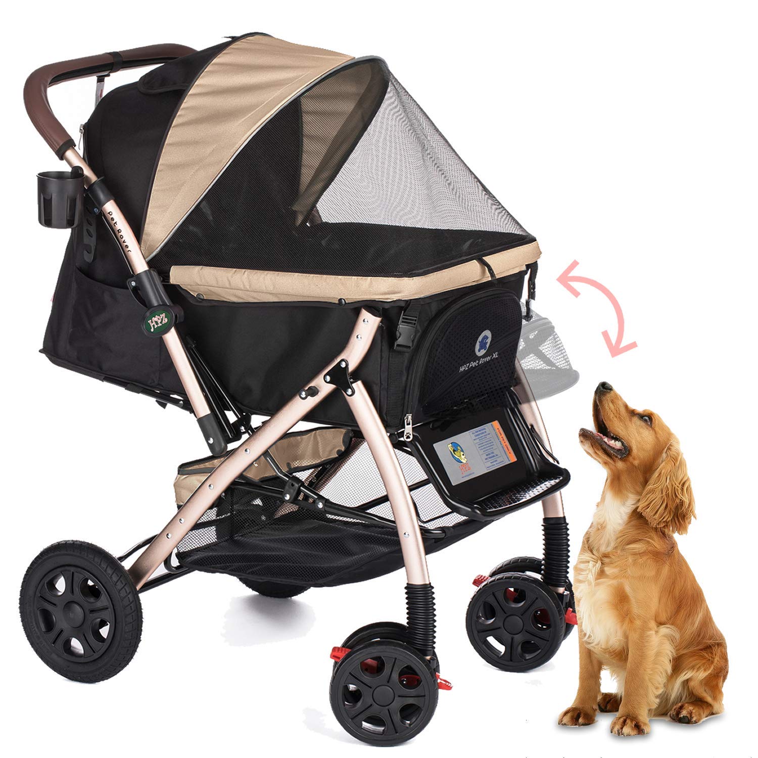 XL Extra-Long Premium Heavy Duty Dog/Cat/Pet Stroller Travel Carriage for Small, Medium, Large Pets (Taupe 2nd-Gen)