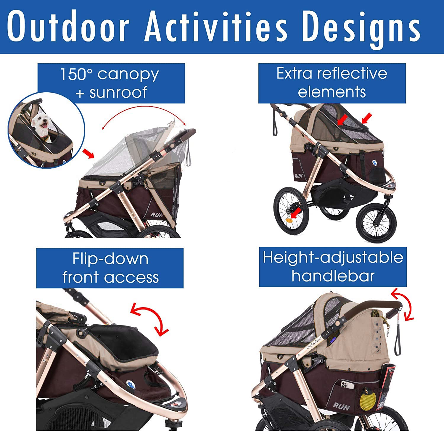 Run Performance Jogging Sports Stroller with Comfort Rubber Wheels/Zipper-Less Entry/1-Hand Quick Fold/Aluminum Frame for Small/Medium Dogs, Cats and Pets (Taupe)