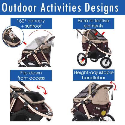 Run Performance Jogging Sports Stroller with Comfort Rubber Wheels/Zipper-Less Entry/1-Hand Quick Fold/Aluminum Frame for Small/Medium Dogs, Cats and Pets (Taupe)