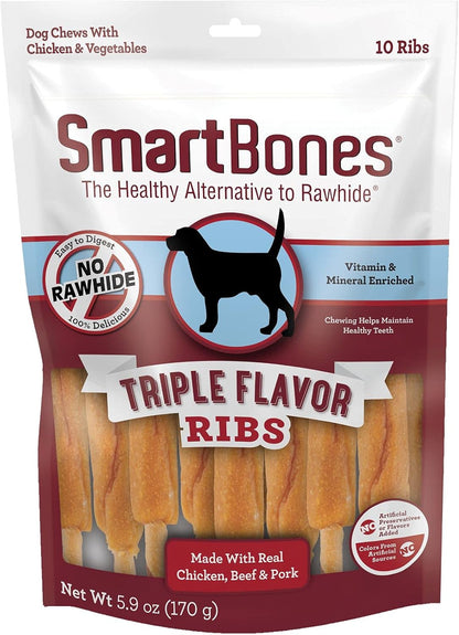 SmartBones No Artificial Colors or Preservatives Rib and Wing Chews, Treat Your Dog to a Fun Shapped Triple Flavor Chew