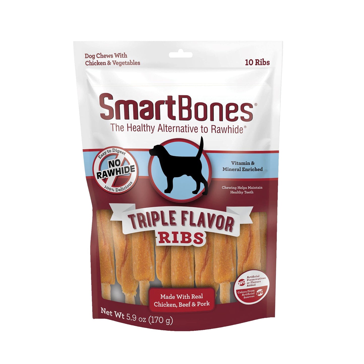 SmartBones No Artificial Colors or Preservatives Rib and Wing Chews, Treat Your Dog to a Fun Shapped Triple Flavor Chew