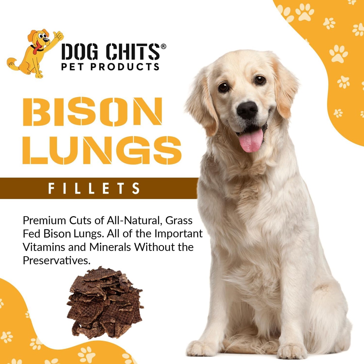 Dog Chits Bison Lung Fillets Dog and Puppy Treats - All Natural Grain and Chemical Free Training Chews - High Protein and Low Fat - Supports Dental Health - Made in The USA - Large 10 oz Bag