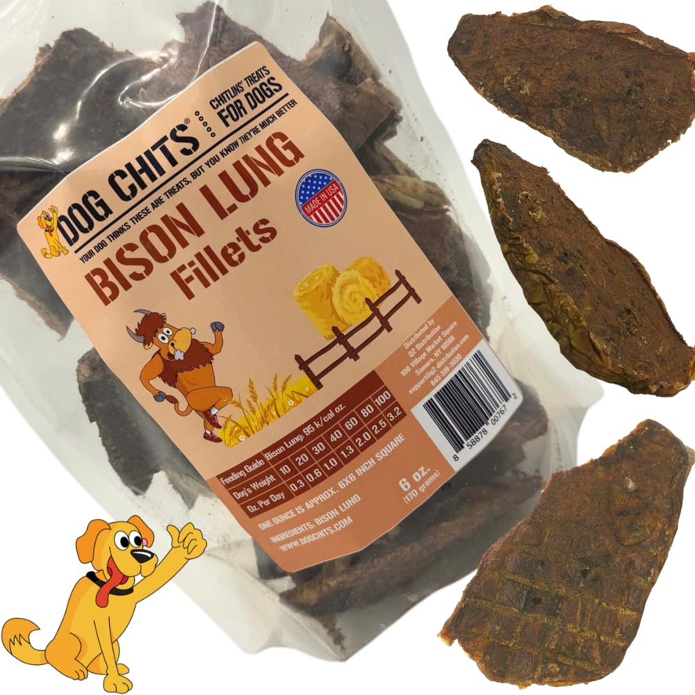 Dog Chits Bison Lung Fillets Dog and Puppy Treats - All Natural Grain and Chemical Free Training Chews - High Protein and Low Fat - Supports Dental Health - Made in The USA - Large 10 oz Bag