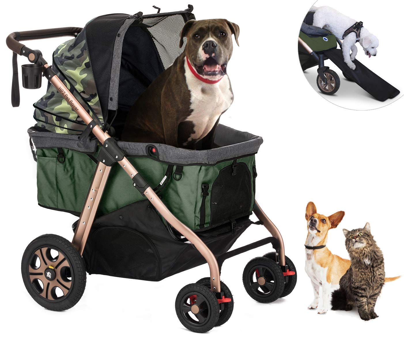 Titan-HD Premium Super-Sized Dog/Cat/Pet Stroller SUV Travel Carriage/w Access Ramp/100Lbs Capacity/Pumpless Rubber Wheels/Aluminum Frame for Small, Med, Large, XL Pets (Taupe)