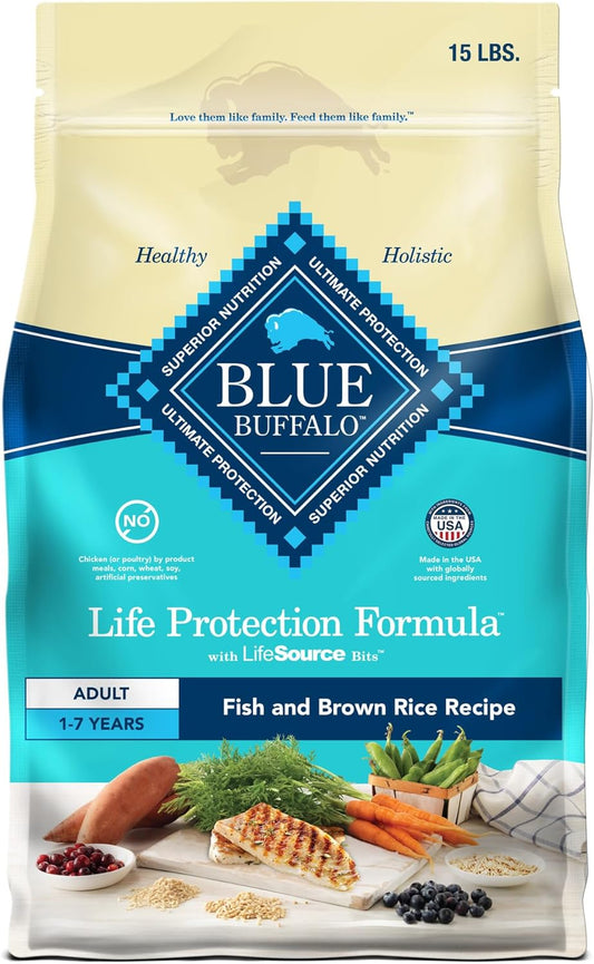 Blue Buffalo Life Protection Formula Adult Dry Dog Food, Helps Build and Maintain Strong Muscles, Made with Natural Ingredients, Fish & Brown Rice Recipe, 15-lb Bag