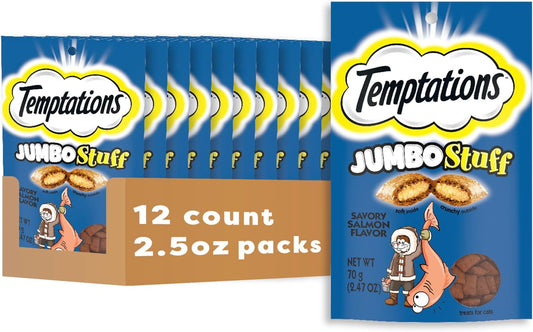 Temptations Jumbo Stuff Crunchy and Soft Cat Treats Savory Salmon Flavor, 2.5 oz. Pouch (Pack of 12)