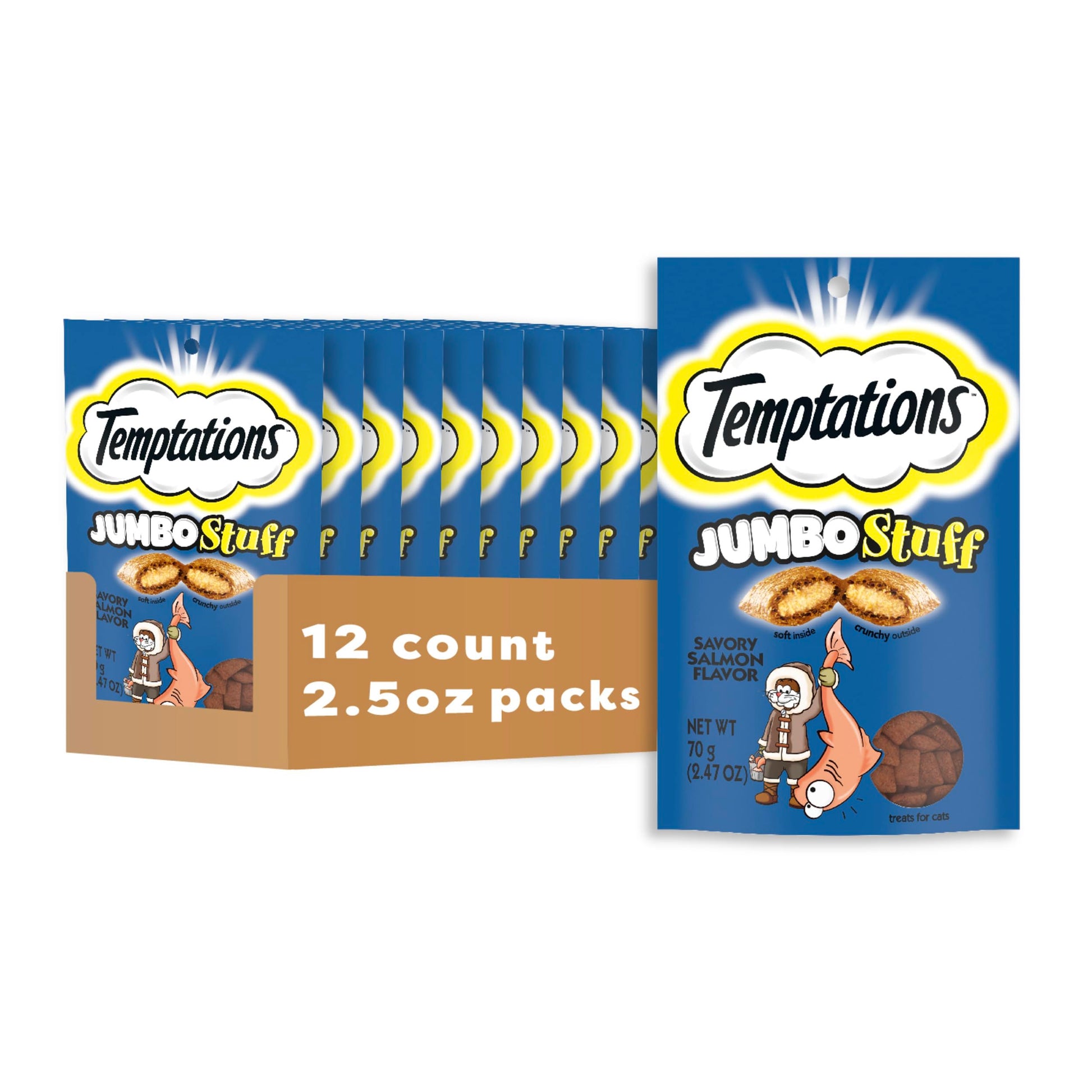 Temptations Jumbo Stuff Crunchy and Soft Cat Treats Savory Salmon Flavor, 5.3 oz. Pouch (Pack of 10)