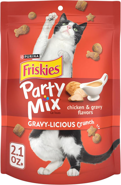 Purina Friskies Cat Treats, Party Mix Gravy-licious Crunch Chicken and Gravy Flavors - (Pack of 10) 2.1 oz. Pouches