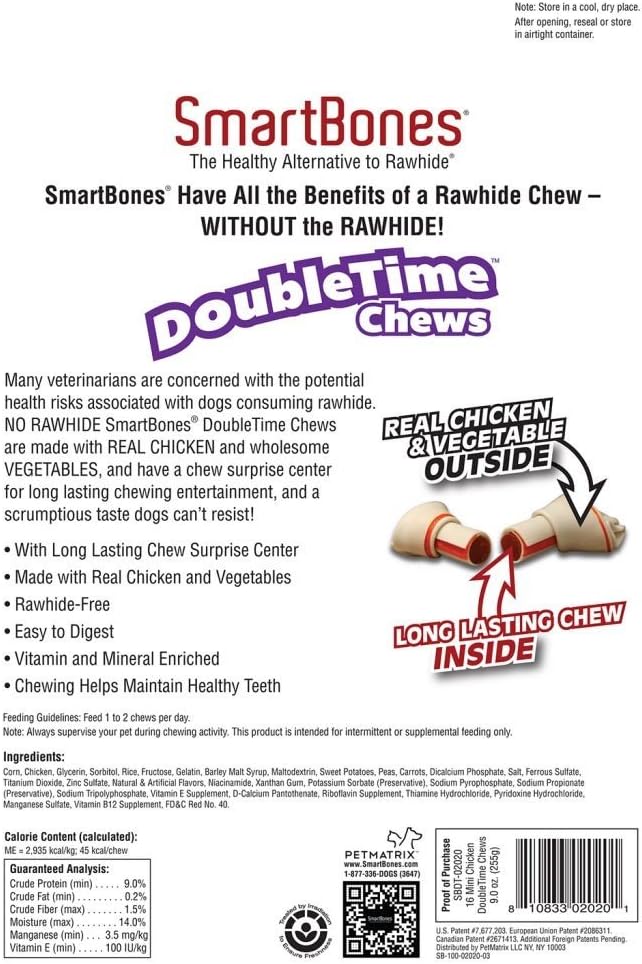 SmartBones DoubleTime Chews 16 Count, Mini, Rawhide-Free Chews For Dogs With Long-Lasting Chew Center