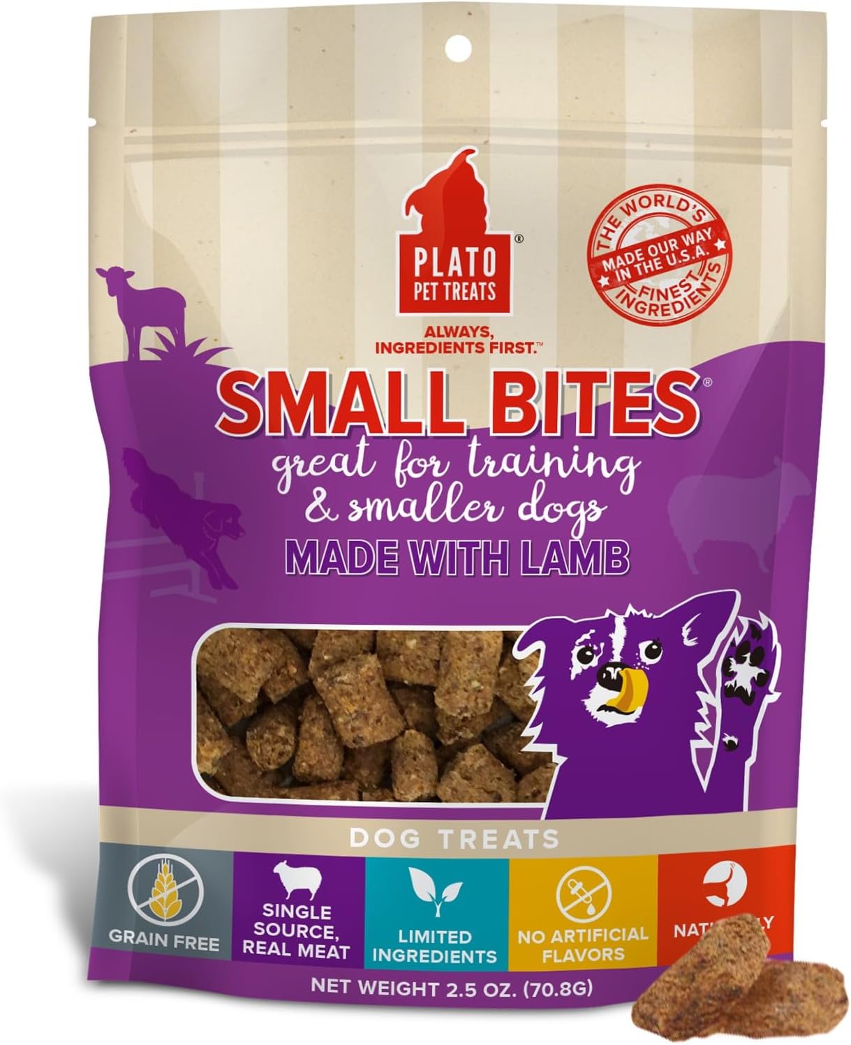 PLATO Pet Treats Small Bites - Air-Dried Training Treats for Dogs - Supports Healthy Digestion - Limited Ingredients - Lamb 2.5oz