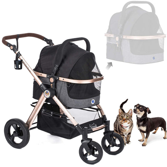 HPZ Pet Rover Prime 3-in-1 Luxury Dog/Cat Stroller (Travel Carrier + Car Seat +Stroller) with Detach Carrier/Pump-Free Rubber Tires/Aluminum Frame/Reversible Handle for Medium & Small Pets (BLACK)