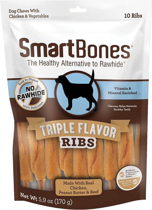 SmartBones No Artificial Colors or Preservatives Rib and Wing Chews, Treat Your Dog to a Fun Shapped Triple Flavor Chew 10 Count (Pack of 1)