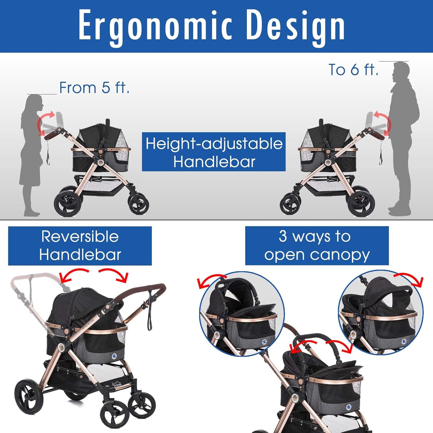 HPZ Pet Rover Prime 3-in-1 Luxury Dog/Cat Stroller (Travel Carrier + Car Seat +Stroller) with Detach Carrier/Pump-Free Rubber Tires/Aluminum Frame/Reversible Handle for Medium & Small Pets (BLACK)