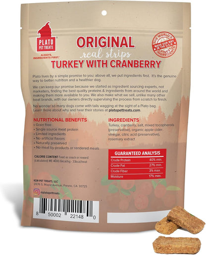 PLATO Turkey Real Strips Natural Dog Treats - Real Meat - Air Dried - Made in the USA - Turkey & Cranberry, 18 ounces