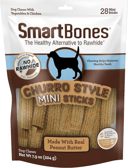 SmartBones Churro-Style Mini Sticks 28 Count, Made with Real Peanut Butter, Rawhide-Free Chews for Dogs, 7.90 Ounce (Pack of 1)