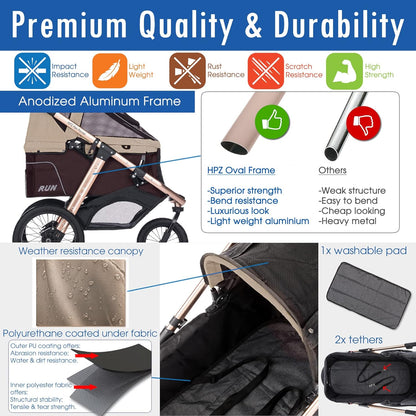 Run Performance Jogging Sports Stroller with Comfort Rubber Wheels/Zipper-Less Entry/1-Hand Quick Fold/Aluminum Frame for Small/Medium Dogs, Cats and Pets (Taupe)