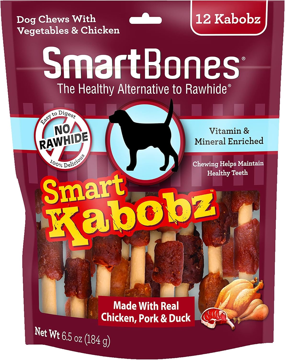 SmartBones Smart Kabobz, Treat Your Dog to a Rawhide-Free Chew Made With Real Chicken, Beef and Pork, 12 Count (Pack of 1)