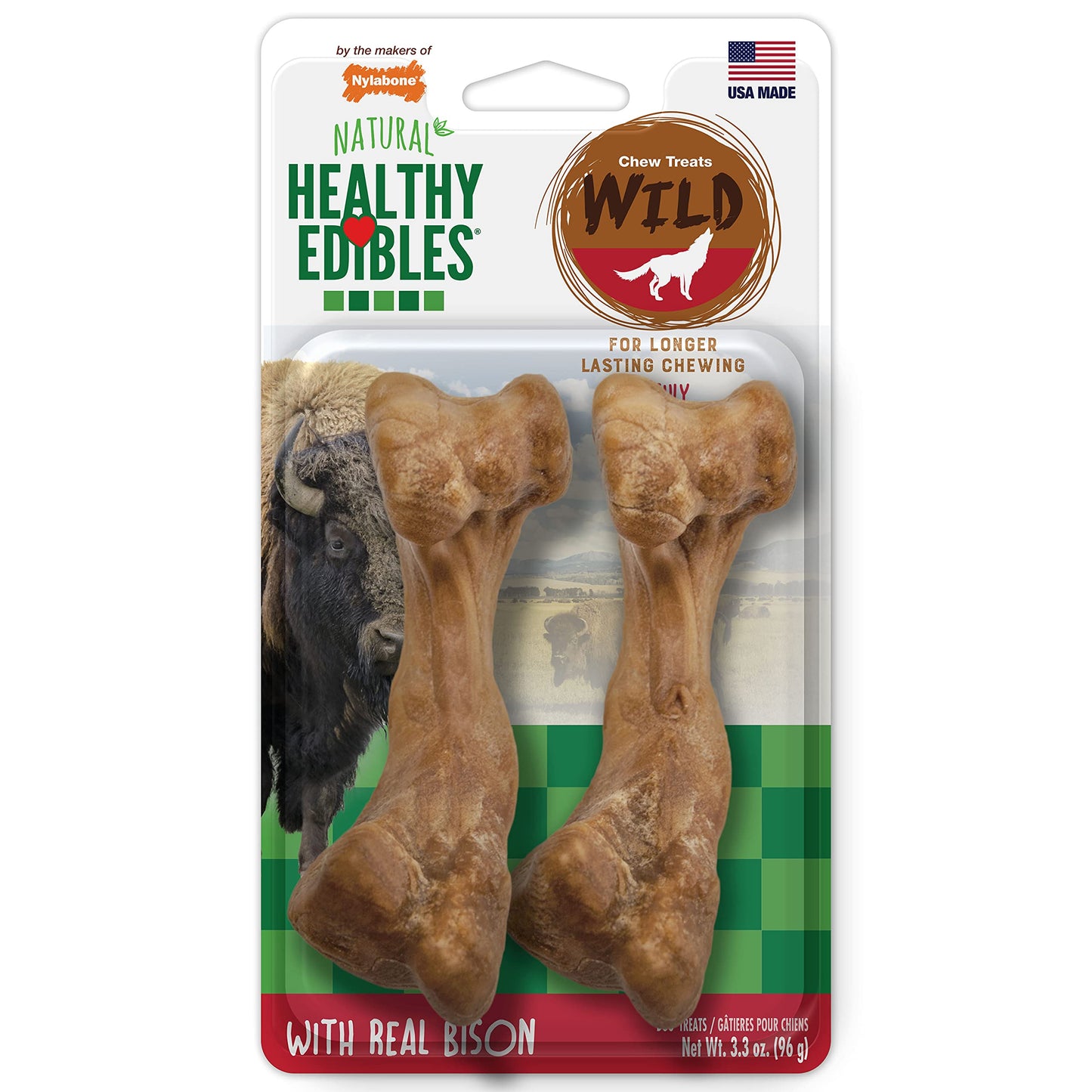 Nylabone Healthy Edibles WILD Natural Long-Lasting Bison Flavor Bone Chew Treats for Dogs, Small (16 Count)