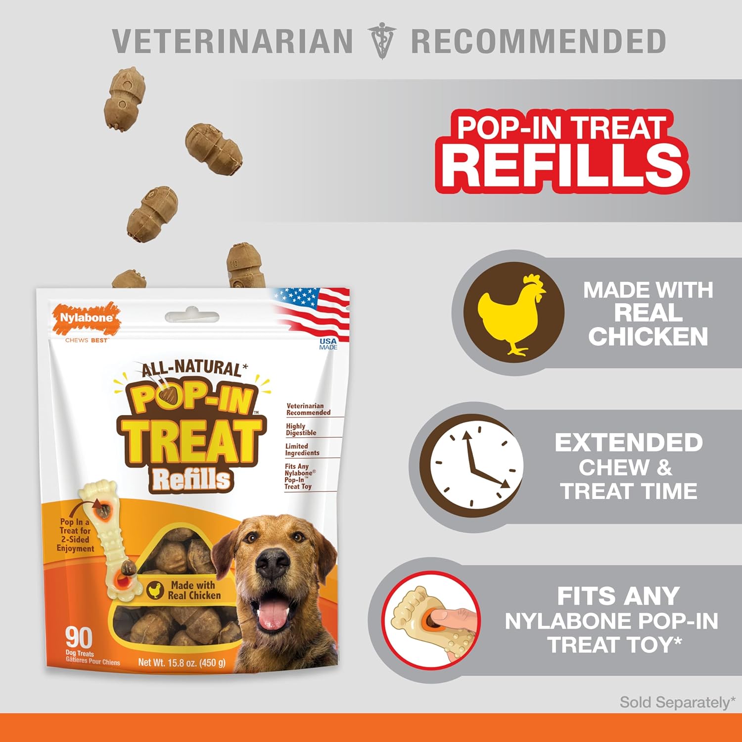 Nylabone Pop-in Treat-Toy Refill Chews, All-Natural Dog Treats for Treat Dispensing Toys, Chicken Flavor, 90 Count