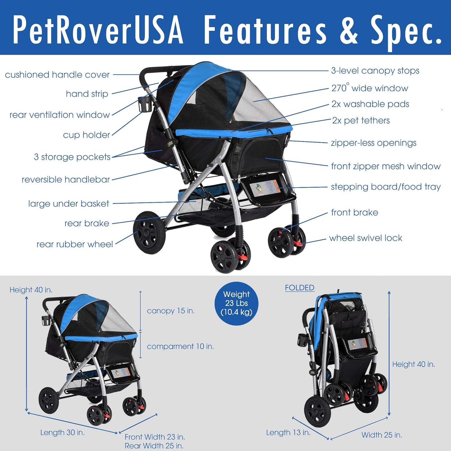 HPZ PET Rover Premium Heavy Duty Dog/Cat/Pet Stroller Travel Carriage with Convertible Compartment/Zipperless Entry/Reversible Handlebar/Pump-Free Rubber Tires for Small, Medium and Large Pets (Blue)