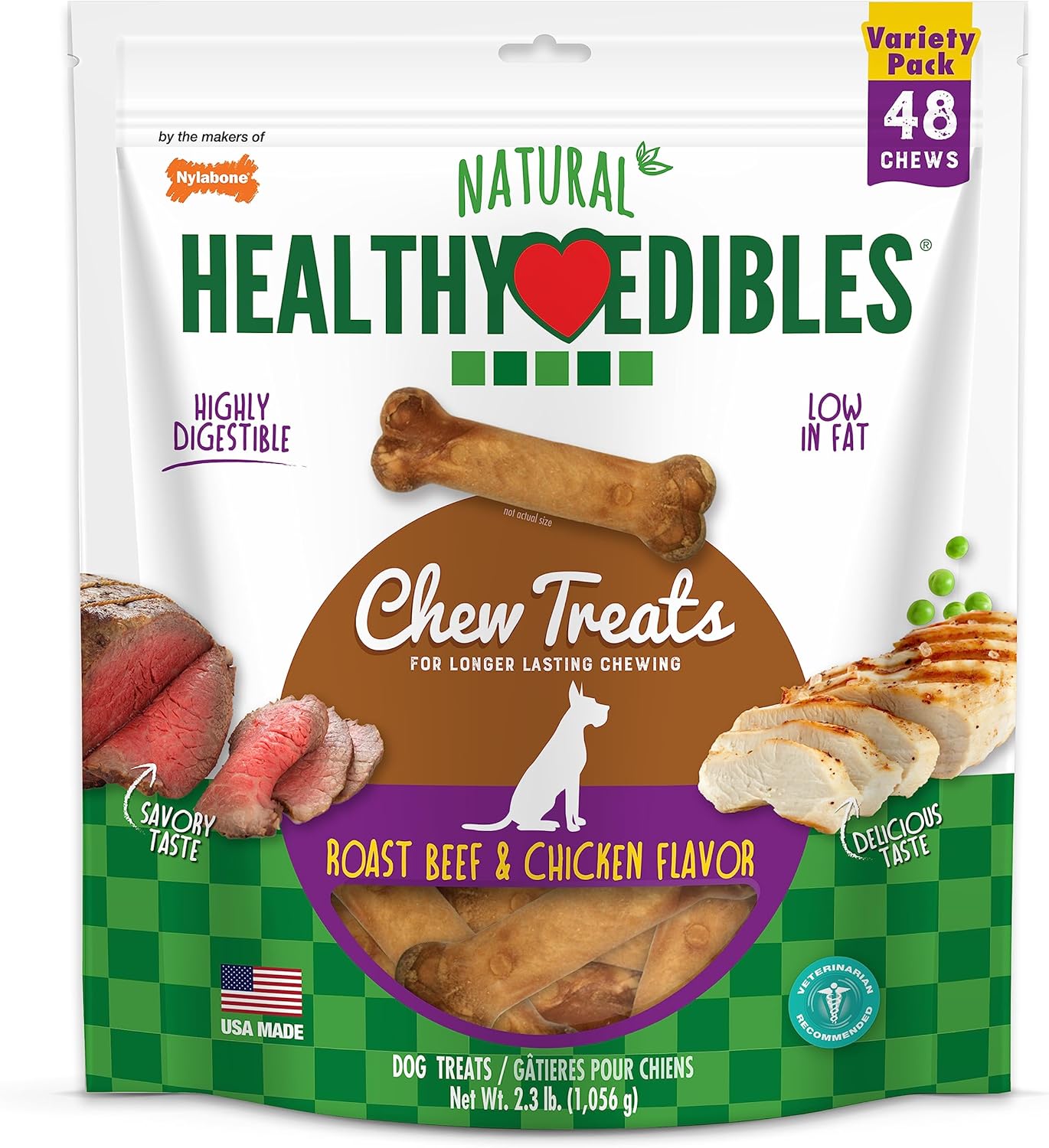 Nylabone Healthy Edibles Natural Dog Chews Long Lasting Chew Treats for Dogs, Roast Beef & Chicken Flavor, X-Small/Petite (48 Count)