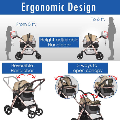 HPZ Pet Rover Prime 3-in-1 Luxury Dog/Cat Stroller (Travel Carrier +Car Seat +Stroller) with Detach Carrier/Pump-Free Rubber Tires/Aluminum Frame/Reversible Handle for Medium & Small Pets (Taupe)