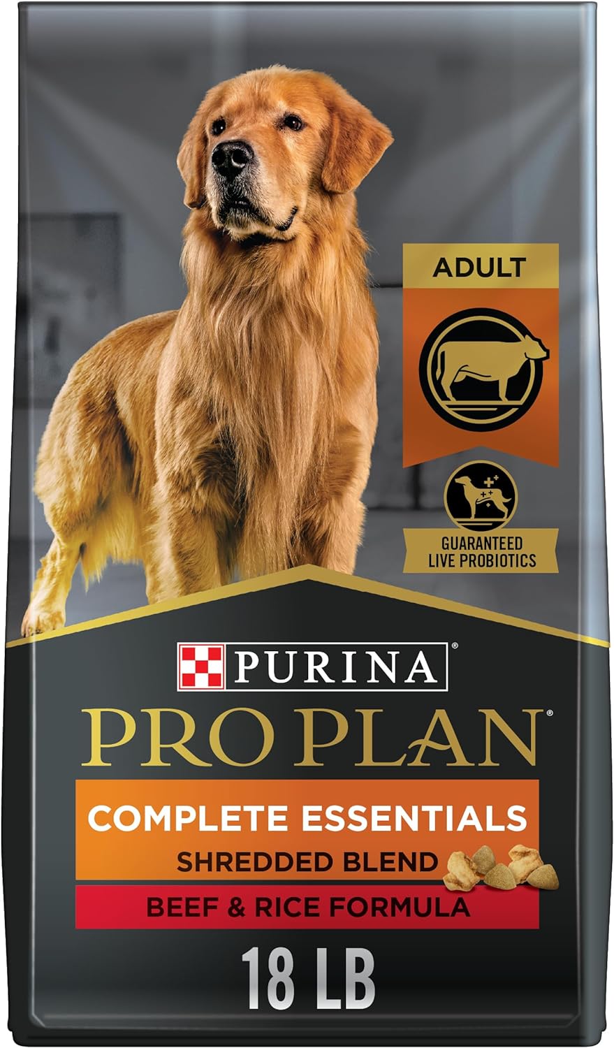 Purina Pro Plan High Protein Dog Food With Probiotics for Dogs, Shredded Blend Beef & Rice Formula - 18 lb. Bag